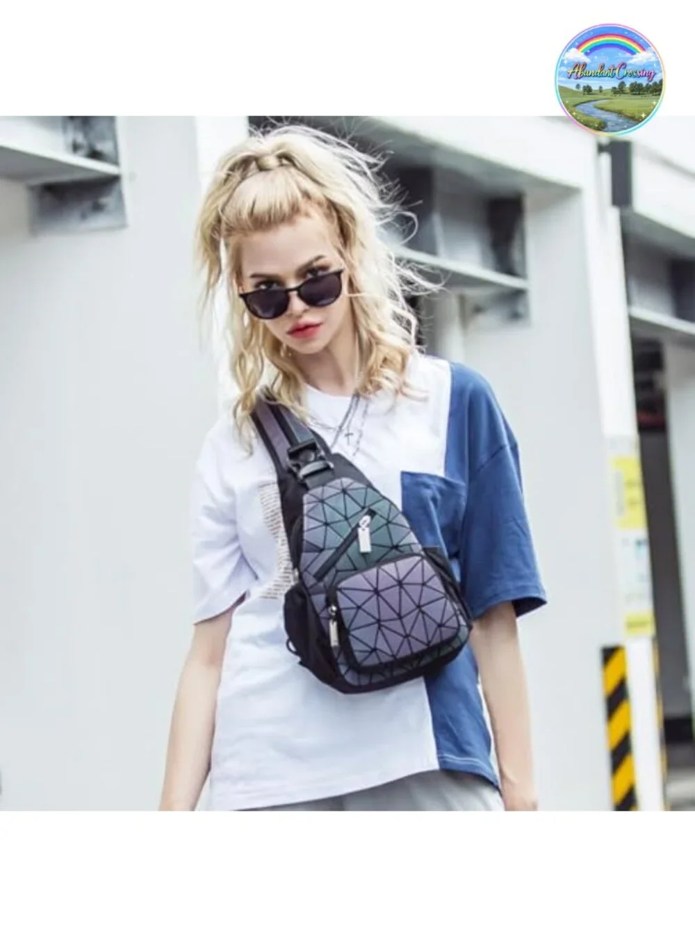 Luminous PU Leather Sling Backpack Crossbody Bag Geometric Convertible